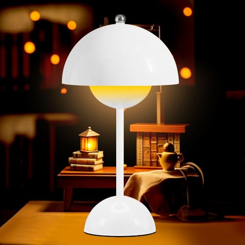 KBIBCK LED Flowerpot Tischlampe Kabellos Akku Pilz Lampe, Tischleuchte Dimmbar Pilz mit 3 Helligkeitsmodi, Touch Dimmbar Tischleuchte Retro Schreibtischlampe Pilz für Schlafzimmer, Büro, Bars (Weiß)