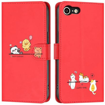 Butnyeoe pour Coque iPhone SE 2022/SE 2020 Clapet Portefeuille Etui iPhone 8/7 avec Rabat,Housse Pochette avec Porte-Carte PU Cuir Flip Folio Case.Chat Panda Ours(Rouge)