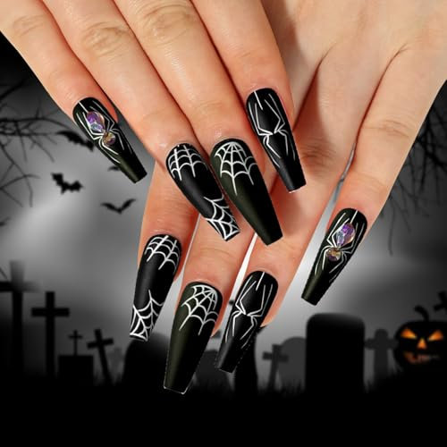 AUEJACKY Ongles d'Halloween, 24 pièces d'ongles d'Halloween à coller, ongles noirs d'Halloween, ongles d'araignée, faux ongles pour femmes et filles pour la décoration d'Halloween