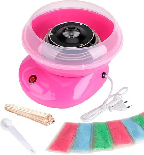 SIDRAL – Máquina para Algodón de Azúcar + 10 Palos + 10 Monodosis Azúcar y Cuchara Medidora de Azúcar, Fácil Uso para Adultos, Maquina Algodón de Azúcar (ROSA)