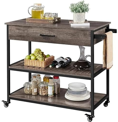 Xumh2024-3 Storage Trolley Cart Kitchen Island On Wheels, Rolling Kitchen Cart With Storage Drawer And Towel Rack, Utility Shelf Microwave Stand Cart Utility Rolling Cart(Taupe Wood)