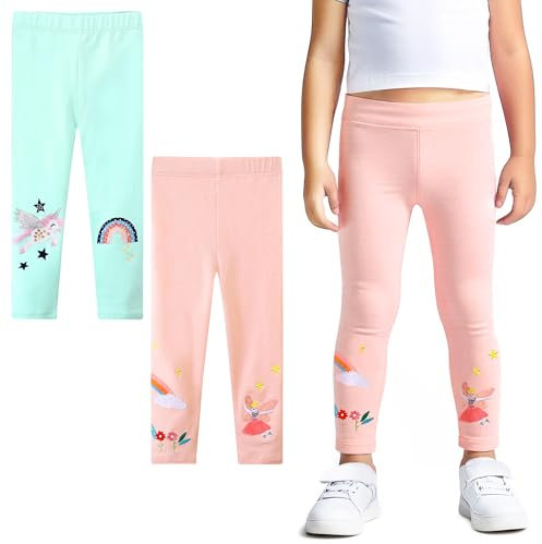 FILOWA Leggings Mädchen Kinder Baumwolle Stretch Hose 2-Pack Einhorn Regenbogen Pailletten Legging Länge Hosen Gymnastikhose Casual Schule Frühling Herbst Activewear für Kinder Gr.98-104, Blau Rosa