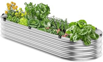 VEVOR Cama de Jardín Elevada de Metal 1195 x 585 x 270 mm con Fondo Abierto para Exteriores, Jardinera Ovalada Galvanizada para Jardinería de Verduras, Flores, Hierbas y Plantas Suculentas, Plateado