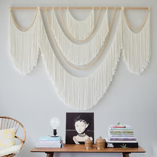 Flber Großer Makramee-Wandbehang – Boho-Garngirlande mit Quasten und Perlen, handgefertigte Seildekoration für Kinderzimmer, Partys, Hochzeiten, Schlafzimmer, 145 cm breit x 104 cm lang