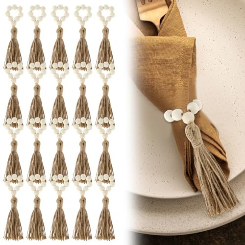 Guniata 20 Stück Serviettenringe aus Holz,Natürliche Serviettenring mit Quaste,Serviettenschnallen mit Holzperlen,für Hochzeit,Weihnachten,Bauernhaus,Tischdekoration(A,20pcs)