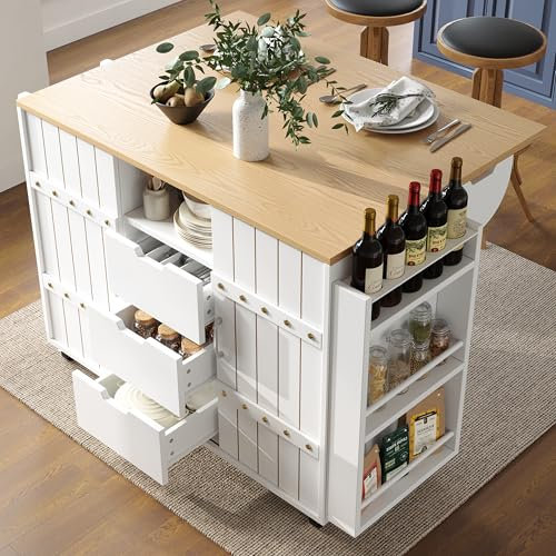 Huayz Isla de cocina, carrito de servir con encimera extensible, carrito de cocina con ruedas, armario de cocina con 2 puertas correderas y 3 cajones, armario de buffet, adecuado para restaurante