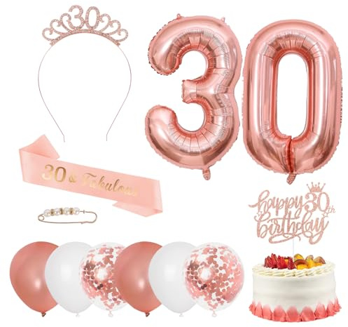 Iridsmole 30th Birthday Decorations Rose Gold, 30th Birthday Tiara and Sash for Women, Number 30 Foil Balloons, 30th Cake Topper, 30 & Fabulous Sash and Crown for Women Birthday Party Favor Supplies