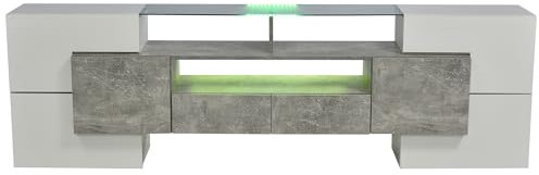 Banc TV bas contemporain avec finition laquée, espaces de stockage multiples, verre trempé décoratif, ambiance lumineuse réglable, meuble multimédia pour salon ou pièce à vivre (Gris+Blanc)