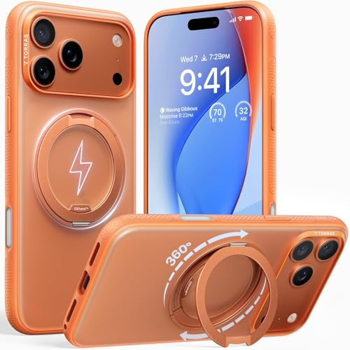 TORRAS 360° Ostand O3 Fitness für iPhone 17 Pro Max Hülle - Flexibler Magnetischer Ständer, Militärischer Schutz, Kompatibel mit MagSafe Hülle iPhone 17 Pro Max Case Dünne Griffige Kratzfest Orange