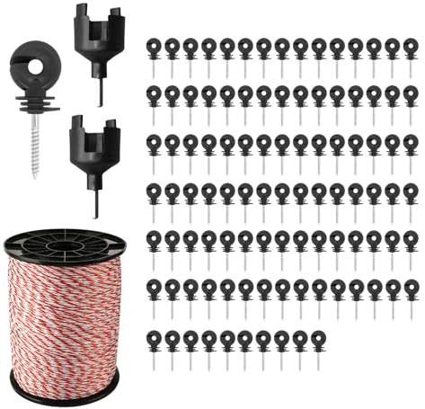 Weidezaun Seil + Ringisolator + Einschraubhilfe, Weidezaunlitze Weidezaun Elektrozaun Litze, 6 NIRO, Weiß-rot Elektroseil (500m)