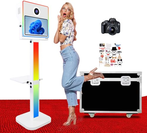 Tragbare Photo Booth mit 15,6 Zoll Touchscreen mit Kamera, Selfie Magic Mirror DSLR Photobooth, Foto Box, mit RGB-Beleuchtung für Partys und Hochzeiten (White, with Camera)