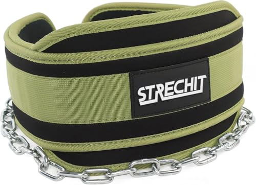 STRECHIT Ceinture de dips verte avec chaîne en acier de 91,4 cm pour tractions et dips – Ceinture lestée avec rembourrage en néoprène et mousquetons robustes – Ceinture d'haltérophilie durable pour la