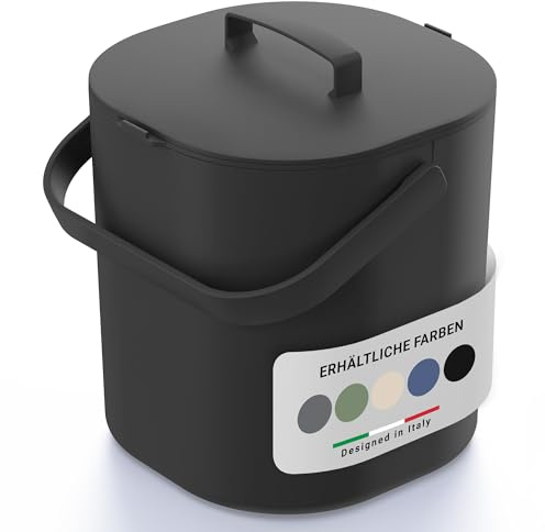 PTMS® Biomülleimer Küche 6L - Geruchsdichter Deckel gegen Fruchtfliegen | Praktischer Deckel zum Einhängen & Innensieb - Spülmaschinenfester Komposteimer Küche in modernem Design