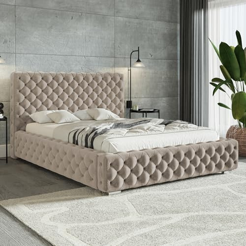 MOTIVENA Dianna Chesterfield Bett 160x200 Beige Samt, mit Stauraum, mit Kopfteil, mit Lattenrost, mit Füßen, mit Matratze H3/H3, Chesterfield Polsterbett 160x200 mit Bettkasten Beige