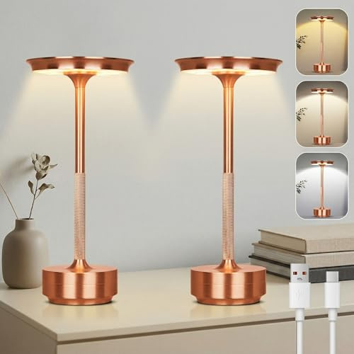 Tischlampe Kabellose LED, 3 Farbtemperaturen Stufenlos Dimmbare Akku Tischleuchte, Touch Lampe mit USB-C, Roségold Stylische Tischlampe Akku für Innen & Außenbereich, Metall Tischleuchte 2er-Set