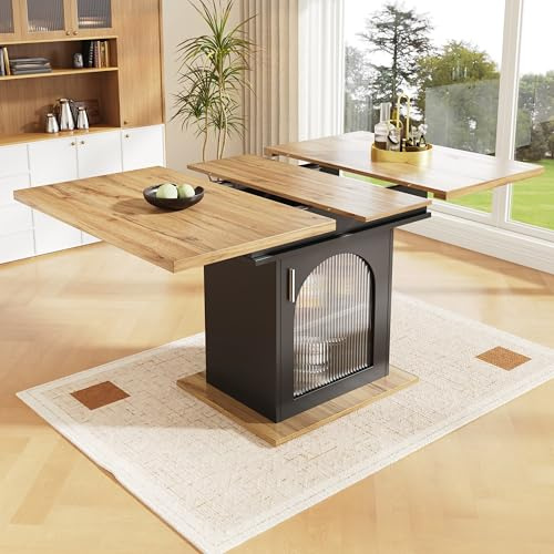 Table de cuisine pliante en bois 140 × 80 x 76 cm, table à manger extensible avec étagère, 2 niveaux avec portes en verre, espace de rangement caché sous le plan de travail (A, naturel + noir, 110-140