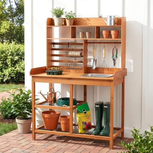 OOOK Banc de rempotage, table de rempotage nordique en pin écossais avec plateau coulissant, évier amovible, poste de travail pour extérieur, terrasse, pelouse, poste de travail de jardin en bois