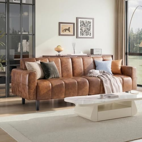Ligterra Ledersofa, Sofa 3 Sitzer, Sofa mit Schlaffunktion, Schlafsofa, Wandelbares Ledersofa mit Verstellbarer Rückenlehne, Stauraum, Holz & Stahlrahmen, 195×74×77cm (Braun)