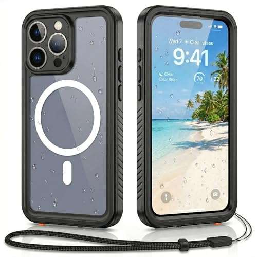 FYHCMC Magnetic for iPhone 15 Pro Max Case IP68 Waterproof Built-in Screen & Camera Protector Full Body Military Shockproof Dustproof Cover,Black