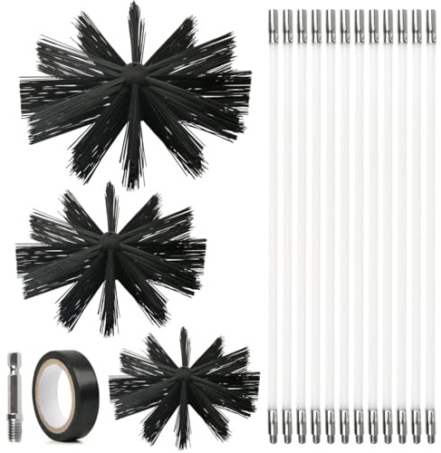 Lot de 17 brosses de cheminée, 3 brosses en nylon (100 mm/150 mm/200 mm) avec 12 tiges flexibles de 410 mm, balayette de cheminée, kit de balai de cheminée pour cheminée, tuyaux, sèche-linge
