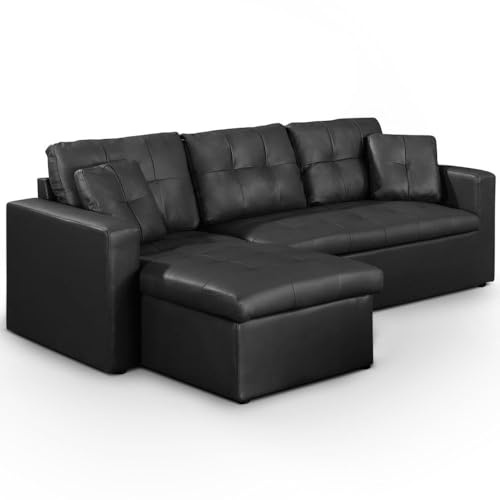 Canape Convertible d’Angle Simili PU Noir Méridienne Reversible Droite ou Gauche | Modèle Toledo | Canape Lit avec Coffre de Rangement| Coussins et Assise Moelleux et Confortable | L230 x P143 x H68