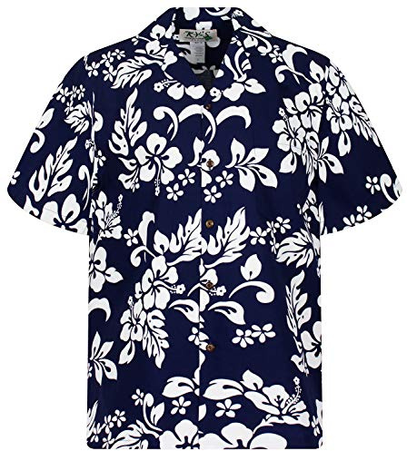 KY‘s | Original Hawaiihemd | Herren | S - 8XL | Kurzarm | Front-Tasche | Hawaii-Print | Hibiskus Blätter Print | Blau