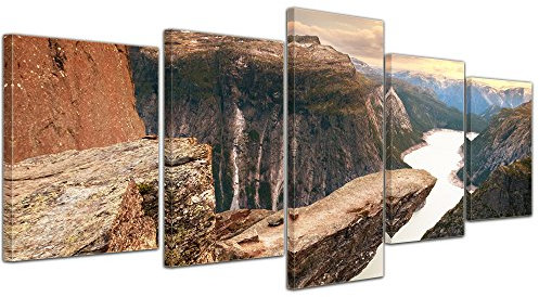 Wandbild - Trolltunga Norwegen - Bild auf Leinwand - 200x80 cm 5 teilig - Leinwandbilder - Landschaften - Sørfjord - Felsvorsprung - Trollzunge im Sonnenuntergang