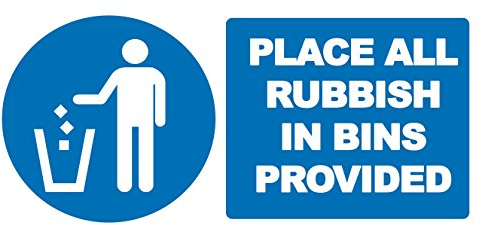 4 x Place All Rubbish in Bins Provided Info Label Sign Removable Self Adhesive Waterproof Durable Vinyl Label Sticker 225mm x 106mm