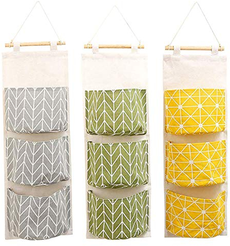 ZhengYue Wall Hanging Storage Bag, Waterproof Over The Door Closet Organizer| Linen Farbric Hanging Pocket Organizer with 3 Remote-Sized Pockets for Bedroom, Bathroom Yellow + Gray +Green