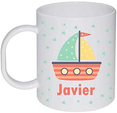 Kembilove Taza de Desayuno Infantil Personalizada – Tazas Plástico Personalizadas con el Nombre del Niño o Niña para la Vuelta al Cole – Diseño Marinero