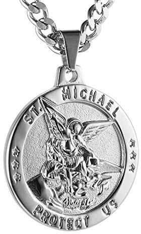 HZMAN St. Michael Kette für Herren Edelstahl Retro Erzengel Runde Medaille Anhänger Halskette Amulett Schmuck Geschenk