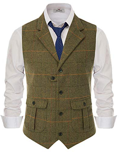 Herren Vintage Fischgrätenmuster Tweed Weste Taillierter Kragen Wollmischung Anzugweste - Braun - Large