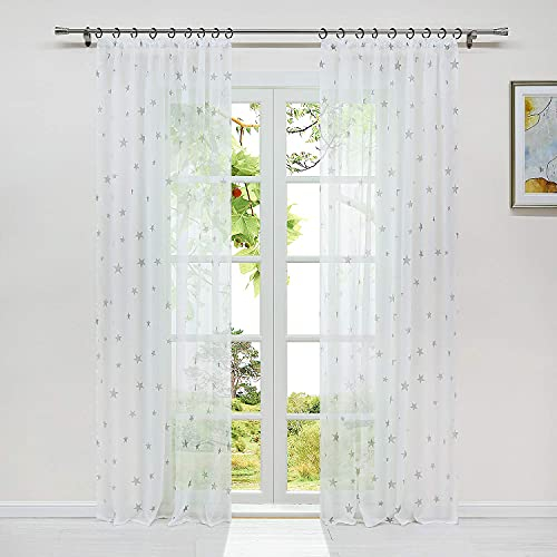 HeichkelL Vorhang Voile Sterne Druck Transparent Gardine mit Kräuselband 1 Stück Dekoschal Fensterstore für Kinderzimmer Wohnzimmer BxH 140x175cm Weiß-Grau