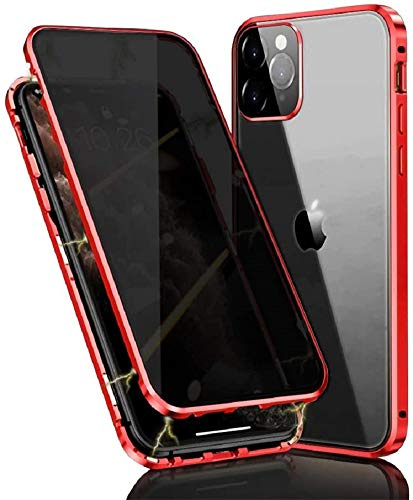 Anti-Peep Magnetic Adsorption Case for iPhone 12 Pro Max - Metal Bumper Privacy Case with Tempered Glass Screen Protection - Flip Cover, Red