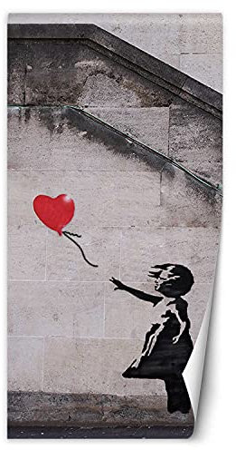 Feeby Vlies Fototapete Banksy Straßenkunst 100x200 cm Grau An der Tür Inklusive Kleister Hotel Spa Büro Wohnzimmer Schlafzimmer Flur Mädchen Mit Luftballon