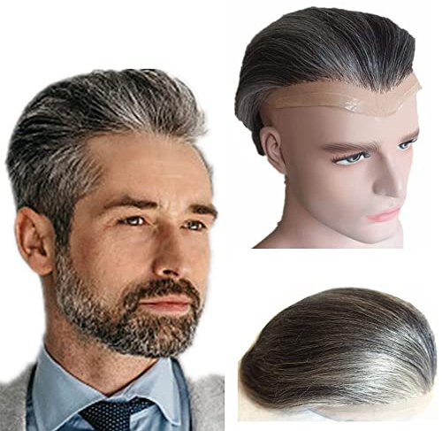 NLW Herren Toupet Echthaar Ersatzsystem Europäisches Echthaar Perücke natürliche atmungsaktive Schweizer Spitzenhaarteil Echthaarperücken für Männer 10x8 (schwarz und grau)