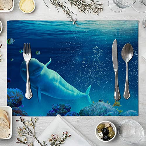 Daesar Tischsets Abwaschbar 42x32, Platzdeckchen Baumwolle 6er Set Unterwasserwelt Delfin Muster Platzset rutschfest für Glastisch Esstisch
