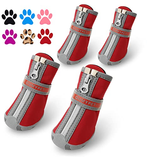 QUMY Kleine Hundeschuhe Wasserdicht Regen Winter Schneeschuhe für Welpen Hund mit Reflexstreifen Weich Bequem Anti-Rutsch Gummisohle Rot 4PC