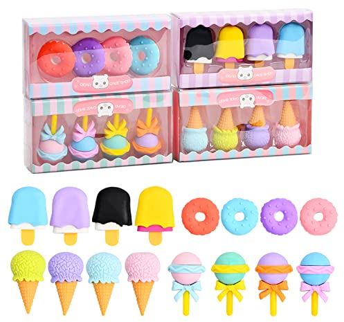 Focenat 16Pcs Radiergummi Kinder, Mini Süß Kawaii Radiergummis Bleistift Radiergummi set Lustige Radiergummi, Lollipop/Eiscreme/Donut Radiergummis für Kinder Studenten Schule Bürobedarf Schreibwaren
