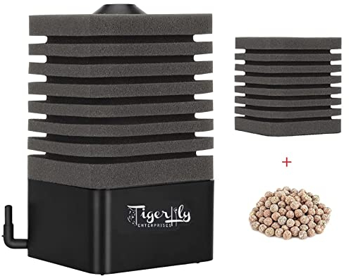 Tigerlily Enterprises Leiser Aquarium-Schwammfilter, tauchfähig, mit 1 Ersatzschwamm und Bio-Media-Keramikkugeln, für Süß- und Salzwasseraquarien, mittelgroß, 30-90 l