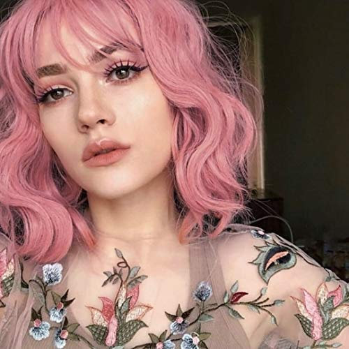 PARXITN Wavy Bob Perücke mit Pony Natürliche Perücke Synthetisches Haar Kurz Lockig Perücken für Frauen