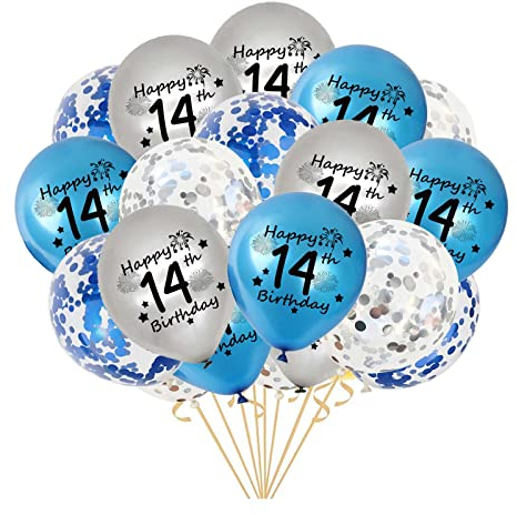 14.Geburtstag Luftballons, 20 Stück Blau Silber Happy 14. Geburtstag Latex Konfetti Ballon Bänder zum Jungen 14 Jahre Geburtstag Deko Jungen(14.)