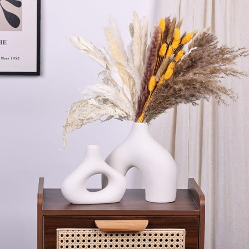 Weiße Keramikvase 2er Set - Moderne Wohnkultur Vasen für Pampasgras und Blumen im nordischen Minimalismus Stil - Perfekt für Wohnzimmer, Hochzeit, Esstisch, Party, Büro, Schlafzimmer Dekor