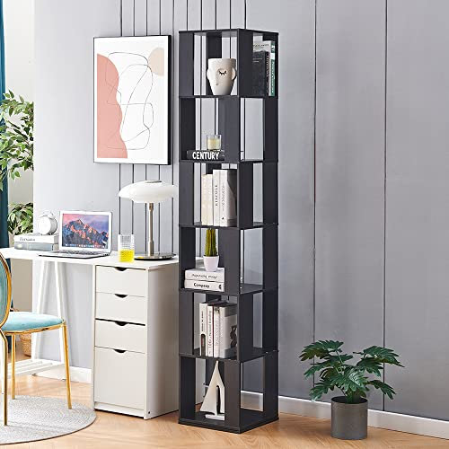 6 Tiers Wooden Bookcase Corner Tall Book Shelf, Modern 360° Rotating Storage Display Rack Floor Standing Shelves with Open Design Shelving Unit for Home Office Living Room Study, Dark Walnut