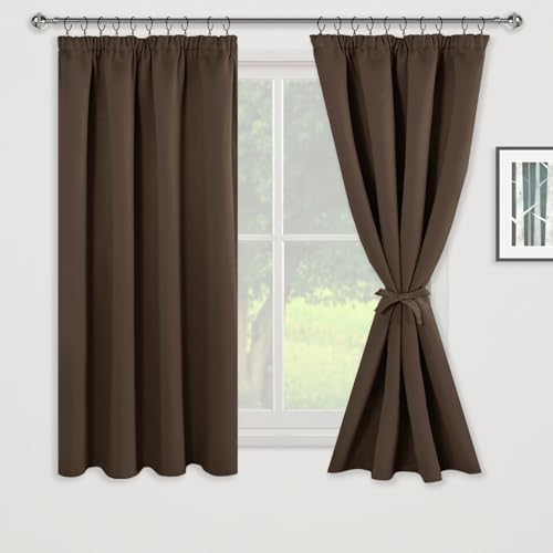 JIUZHEN Verdunklungsvorhänge Gardinen mit kräuselband Vorhang Blickdicht Vorhänge Wohnzimmer Gardinen Schlafzimmer Thermovorhang Braun, H137 x B117 cm,2er Set