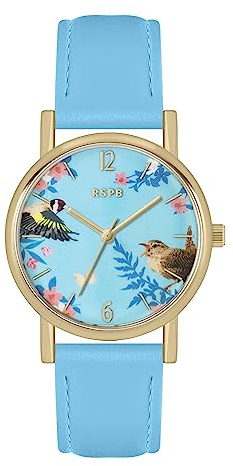 Tikkers RSPB Damen-Armbanduhr mit Vogel-Motiv, bedrucktes Zifferblatt, Erwachsenenuhr, Blauer Goldfink, Modern