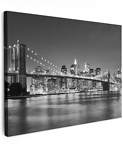 MuchoWow© Leinwand Bilder 80x60 cm Schwarzweiss Wanddeko Wohnzimmer Aesthetic Room Decor Deko Zimmer Wandbilder Modern Fotogeschenke New York - Brücke - Brooklyn - Schwarz und weiß - Weiss