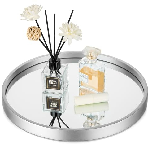 Hanobe Mirror Bathroom Vanity Tray: Champagne Sliver Perfume Organizer Modern Decorative Trays Round Wood Trays for Makeup Jewelry Dresser Holder for Table Counter Decor 12 inch