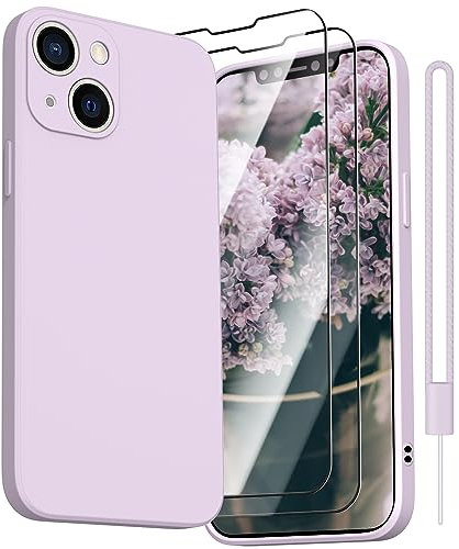 Kukiwhy Cover per iPhone 13 Mini, con 2 Pellicola Vetro Temperato, Morbido Silicone Liquido Protezione, Antiurto Ultra-Sottile Protezione Custodia iPhone 13 Mini-Viola