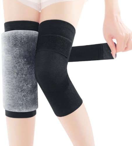 Kniewärmer Winter Verdickt Kniebandage Gefüttert Beinstulpen Verstellbar Knieschützer Kunstfell Knieorthese Rutschfest Knieschoner Thermo Knieprotektor für Erwachsene Knieverletzung Schwarz Kurz XXL